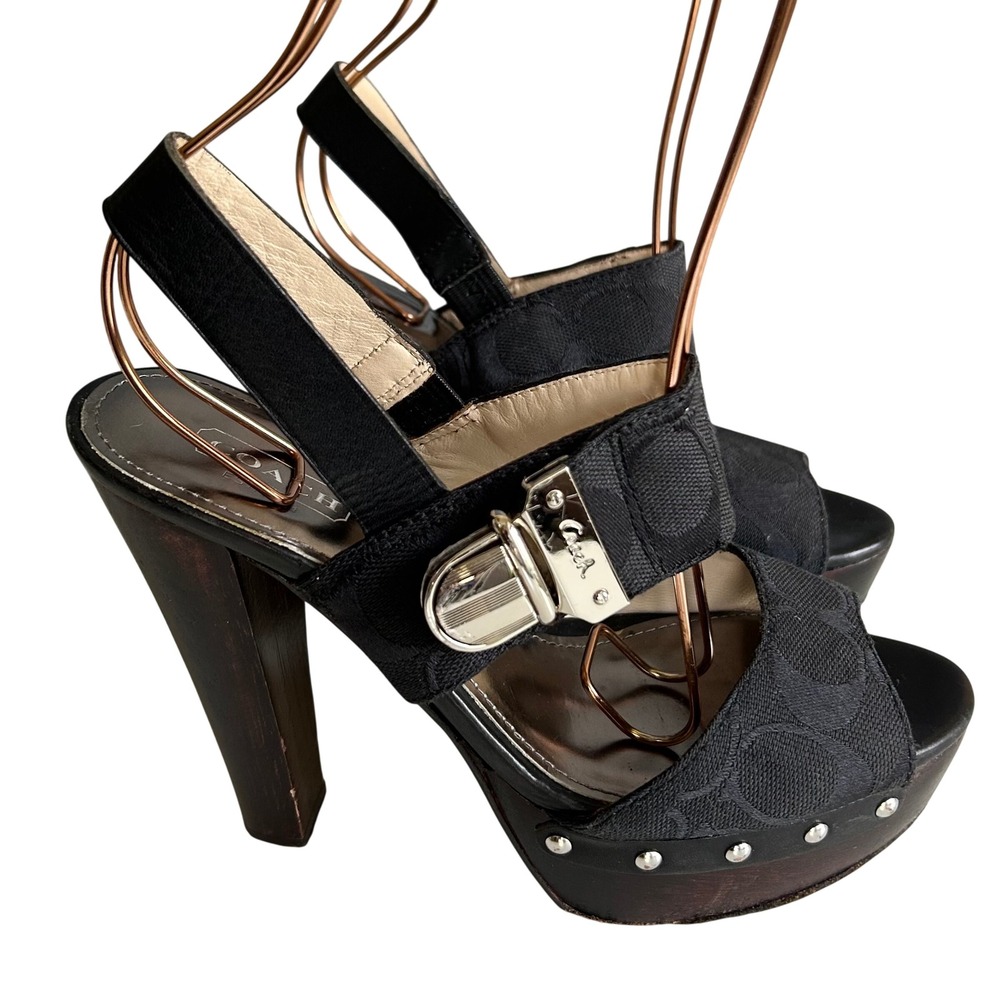 Y2K Coach Canvas Clog Sandals Heels size 6 Black Signature Jacquard Platform